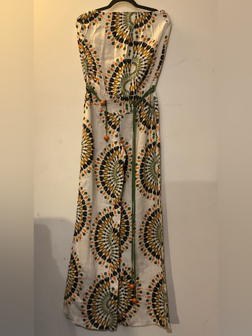 Sunburst Print Wide-Leg Strapless Jumpsuit in White + Green, Yellow Brown